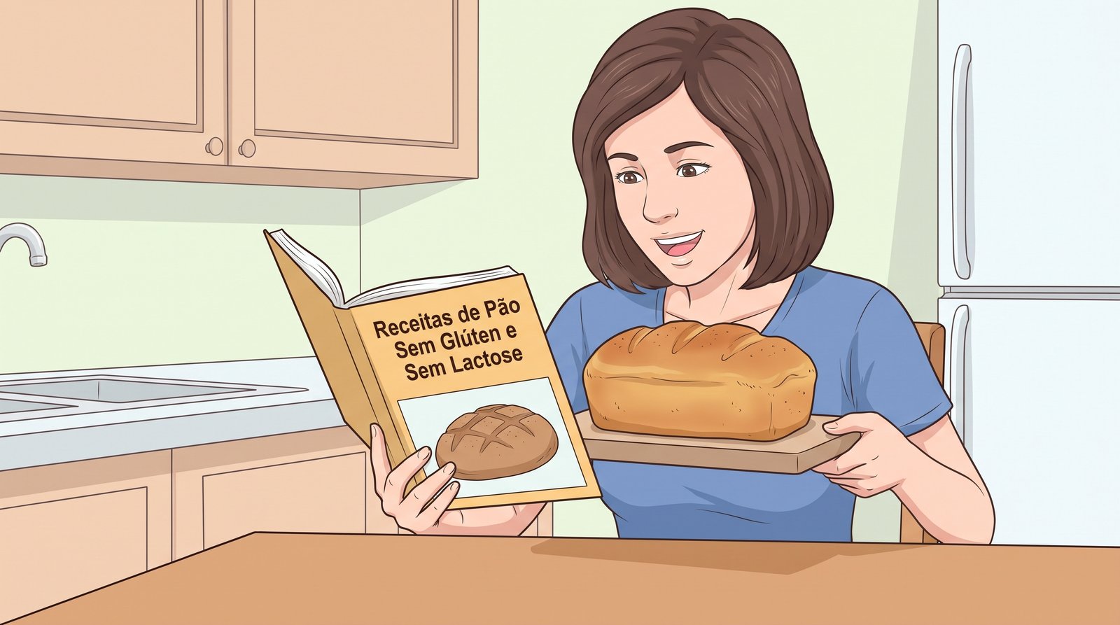 Mulher segurando o livro de receitas de pão sem glúten e sem lactose