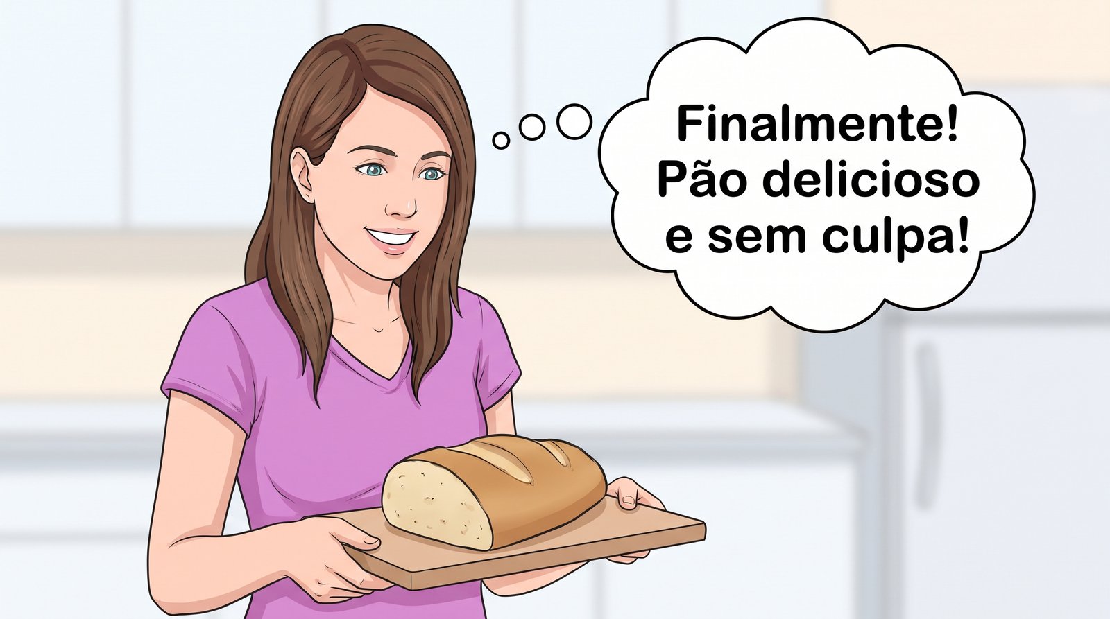 Mulher feliz e aliviada comendo pão delicioso e sem culpa